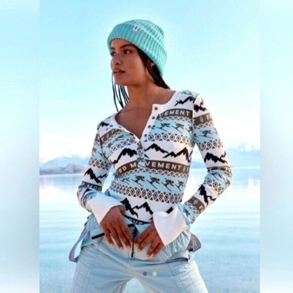 Free People Rally Rib Henley Top Size XS White Aspen Range Ivory Long Sleeve - Picture 1 of 6